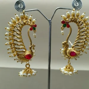 Traditional Peacock Ear Cuff with Pearls and Stones | Gold Tone Earring MyInfinityStore