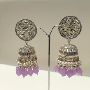 traditional silver lavender jhumkas with pearls